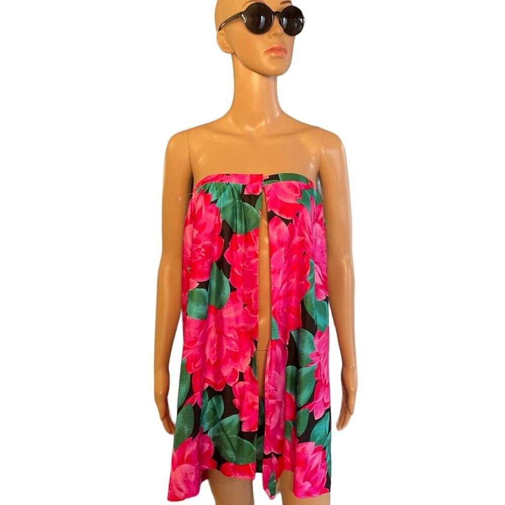 VTG Roxanne Convertible Midi Sarong Womens M Hot Pink Floral Silky Pleated Beach